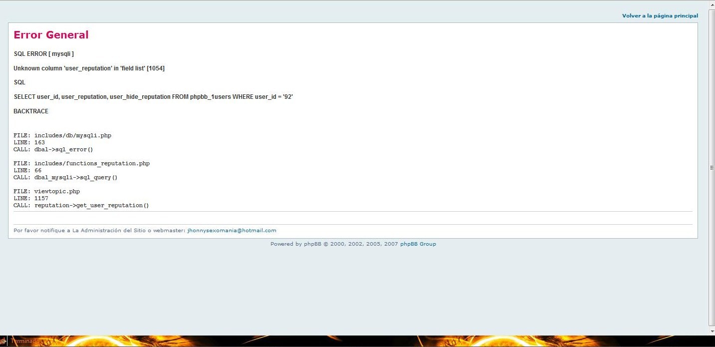 hola que tal supuestamenet acabo de instalar el mod User reputation points 0.3.1 y la verdad segi todo paso por paso como lo indicaba el install pero cuando actualize mi pagina en otra ventana me aparece esto y la verdadme tiene muy conserstado ya que como es mi primera vez que instalo mod siento que la rege y la verdad queria saber por que me aprece esto ¿que hice mal?¿como lo soluciono? supuestamente hice un backup del foro pero como vi que me salio mal lo volvi a restaurar pero me vuelve a salir lo msimo la verdad estoy preocupado si hubiera alguien que me ayudara se lo agradeceria mucho.....<br /><br />por cierto cuando iba a installar el db_install.php me dice de los<br />Please download the latest UMIL (Unified MOD Install Library) from: phpBB.com/mods/umil<br /><br />y descarge el mas reciente y segi los paso copiar la carpeta root me imagino que ala raiz del foro pero nada sigue igual <br />bueno espero que sea esto informacion necesaria y pues se lo agradecere mucho so me ayudan