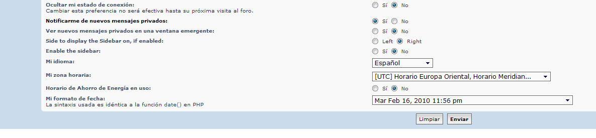 Luego de marcar las opciones Side to display the Sidebar on, if enabled: y la Enable the sidebar: de desmarcan solas