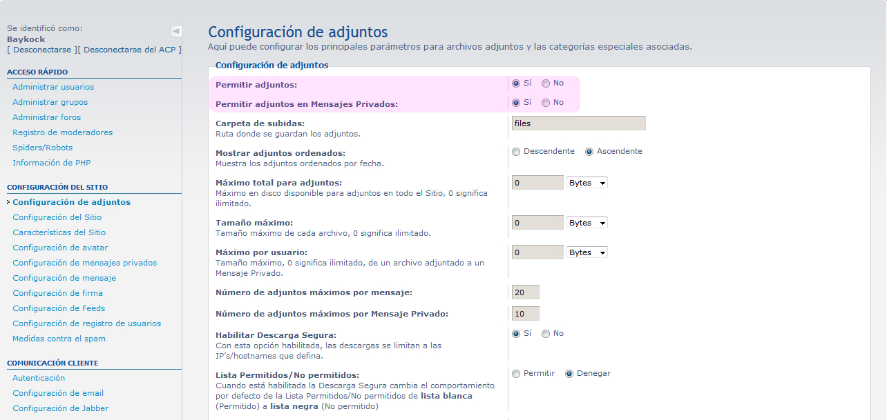 Extensiones configuradas