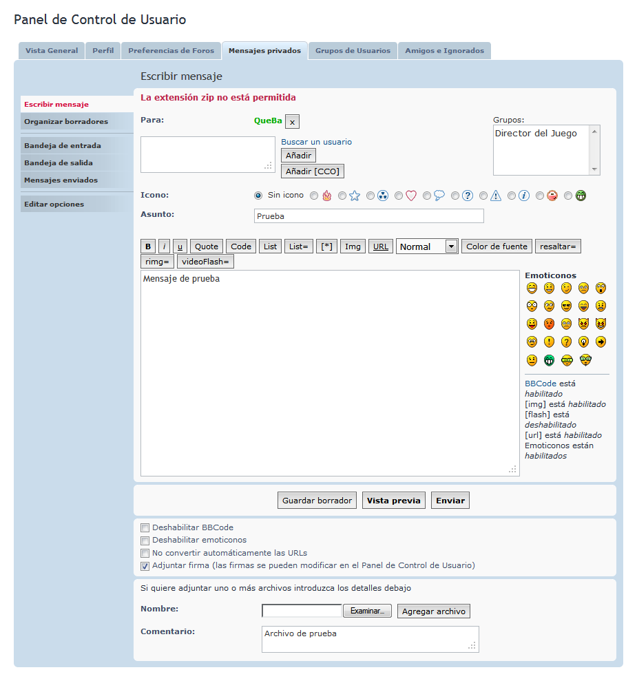 Mensaje cuando se trata de adjuntar un archivo a un mensaje privado