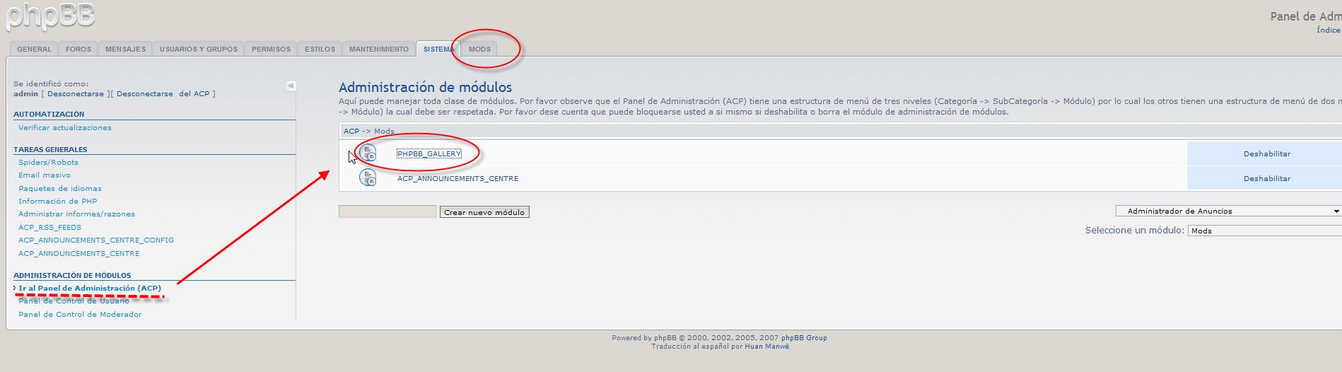 luego de clickear sobre phpbb_gallery se abre el contenido de control sobre Coppermine