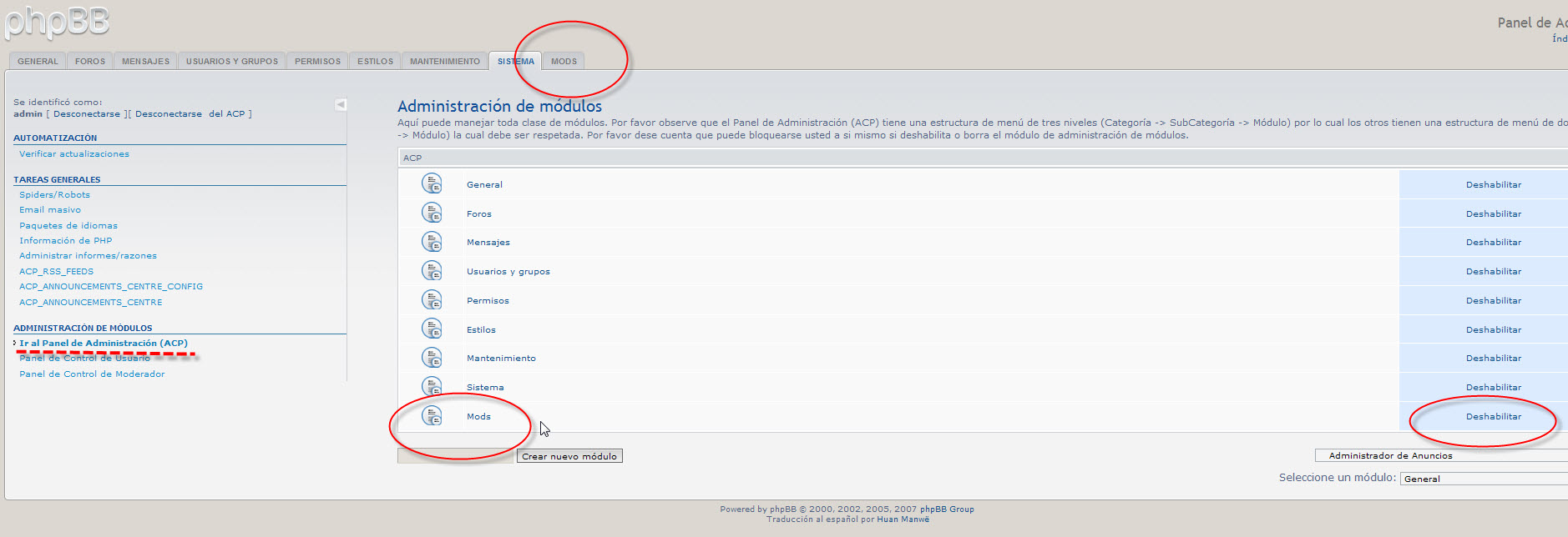 Aqui se ve como habilito la solapa MOD para poder acceder a la configuracion de Coppermine