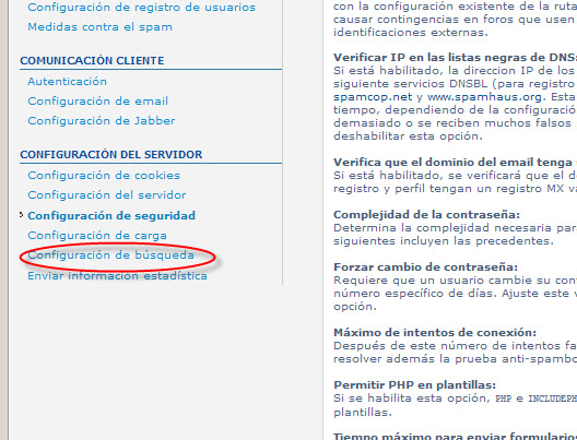 Y al hacer lo mismo sobre &quot;configuracion de Busqueda&quot;