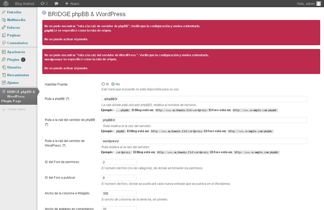 Error en la configuración del plugin en wordpress