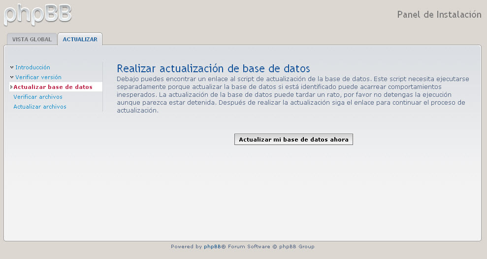 Al clikear sobre &quot;Actualizar mi base de datos Ahora&quot;